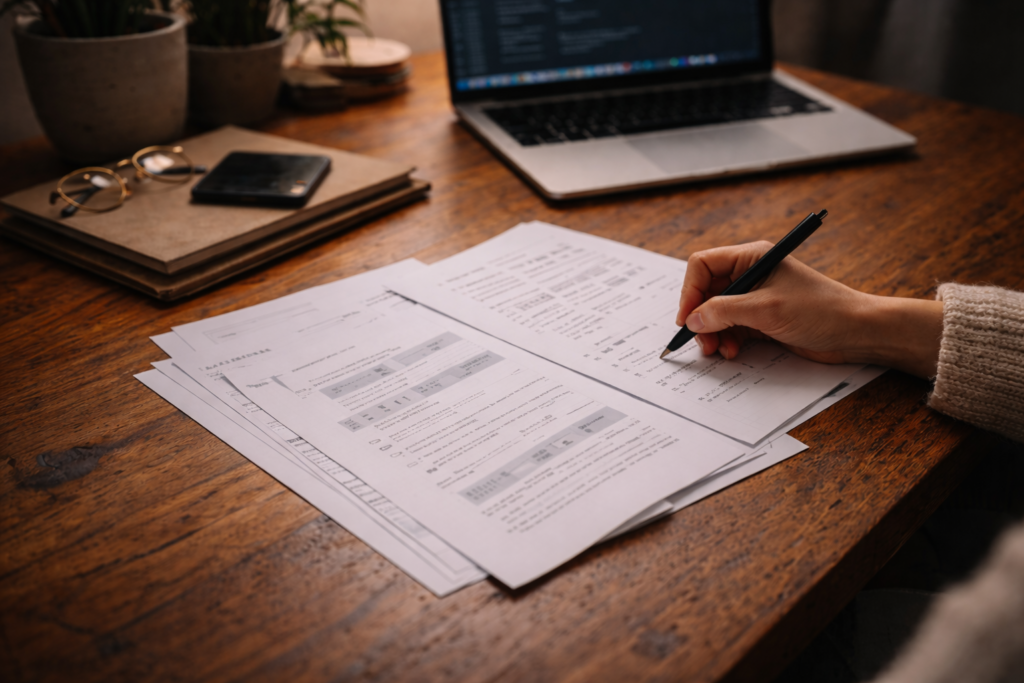 Arbeit am Schreibtisch mit Stift und Papier zur strategischen Vorarbeit für Meta-Kampagnen