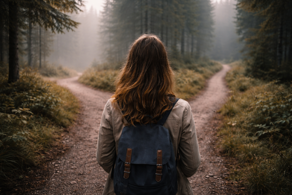 Frau blickt in eine weite Berglandschaft und hält inne, Symbol für Reflexion statt blindem Aktionismus in Marketingstrategien