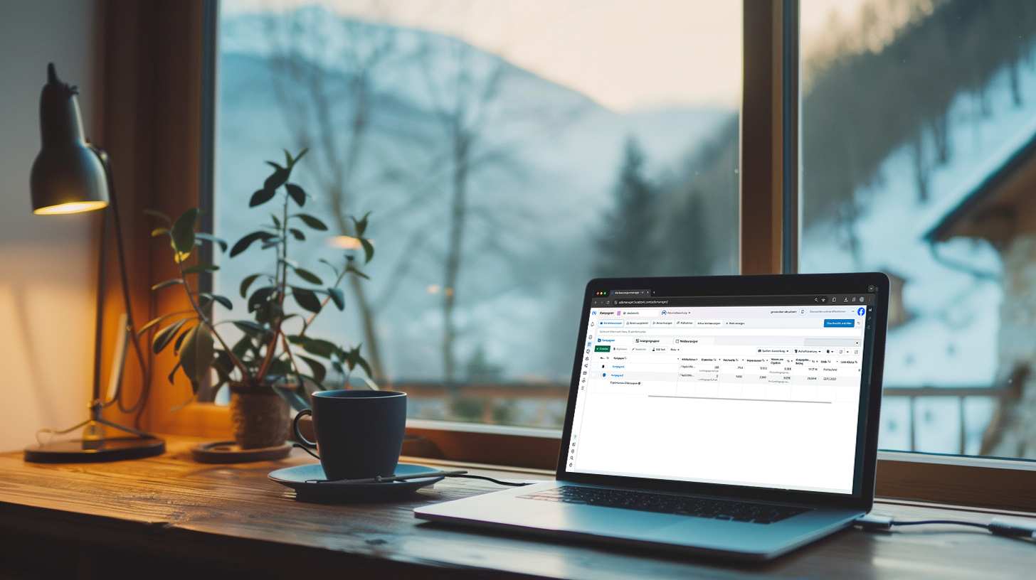Laptop mit Meta Ads Werbeanzeigenmanager zur Analyse eines Ads Accounts